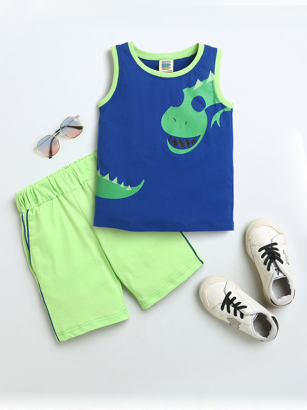 Blue & Neon Sleeveless Dinosaur Print T-shirt & Shorts Co-ord set