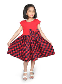 Red Half Sleeve Checks Printed Girls Dress