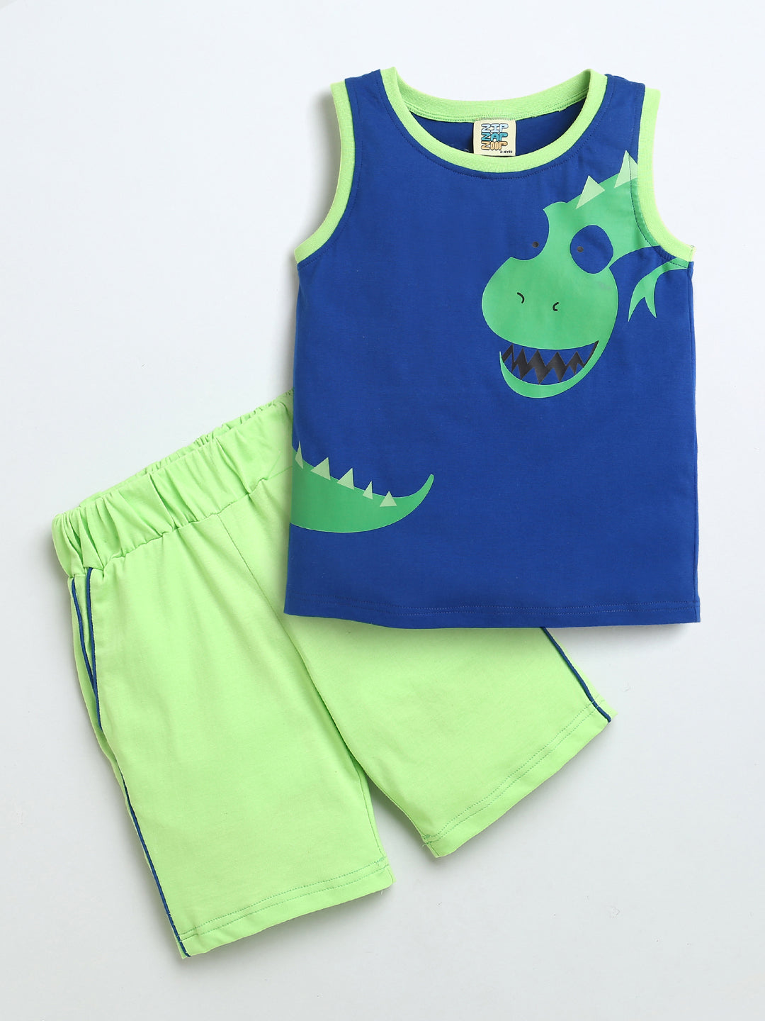 Blue & Neon Sleeveless Dinosaur Print T-shirt & Shorts Co-ord set