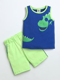 Blue & Neon Sleeveless Dinosaur Print T-shirt & Shorts Co-ord set