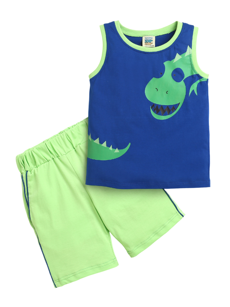 Blue & Neon Sleeveless Dinosaur Print T-shirt & Shorts Co-ord set