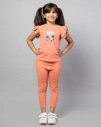 Girls Peach Frill Sleeve Rose Embroidered T-Shirt and Leggings Co-ord Set