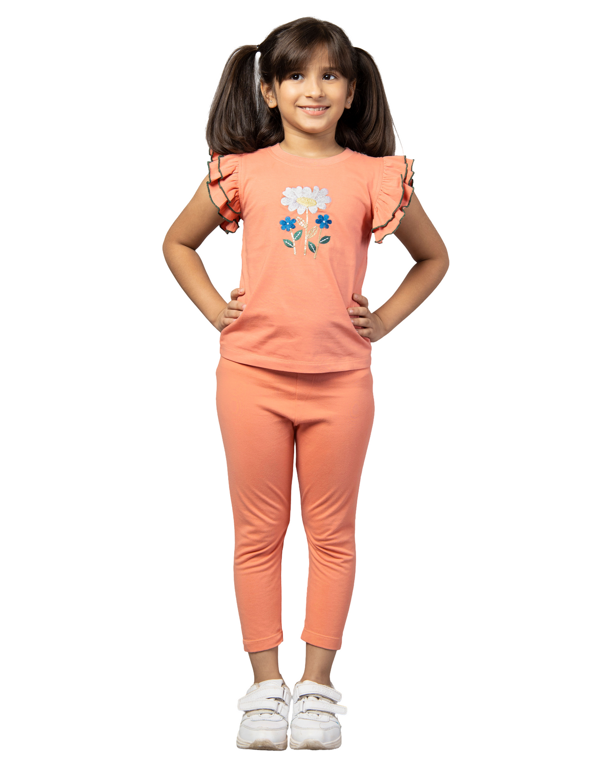 Girls Peach Frill Sleeve Rose Embroidered T-Shirt and Leggings Co-ord Set