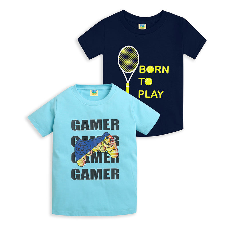 Pack of 2 Sky Blue-Gamer & Navy Blue-Born To Play Print Cotton T-shirt