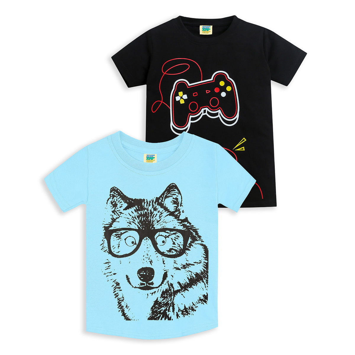 Pack of 2 Black-Video Game & Sky Blue-Dog Spacs Print Cotton T-shirt