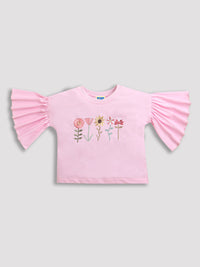 Pink Frill Sleeve Floral Embroidery Girls T-shirt