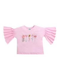 Pink Frill Sleeve Floral Embroidery Girls T-shirt