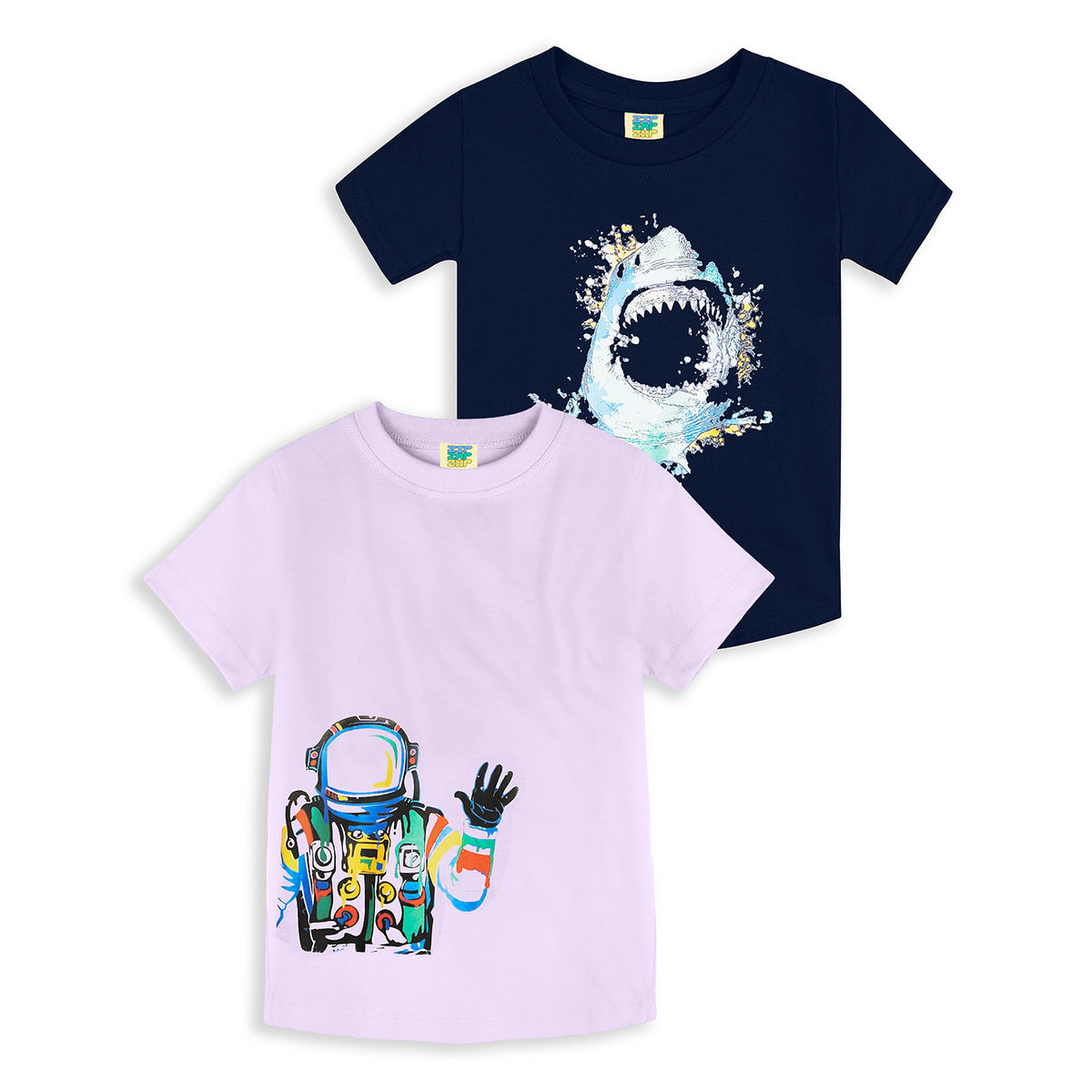 Pack of 2 Lilac-Astronaut & Navy Blue-Shark Print Cotton T-shirt