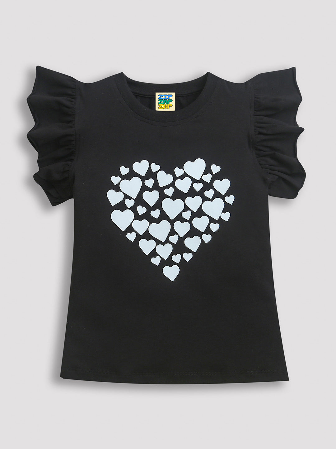 Black Frill Sleeve White Heart Print Cotton T-shirt