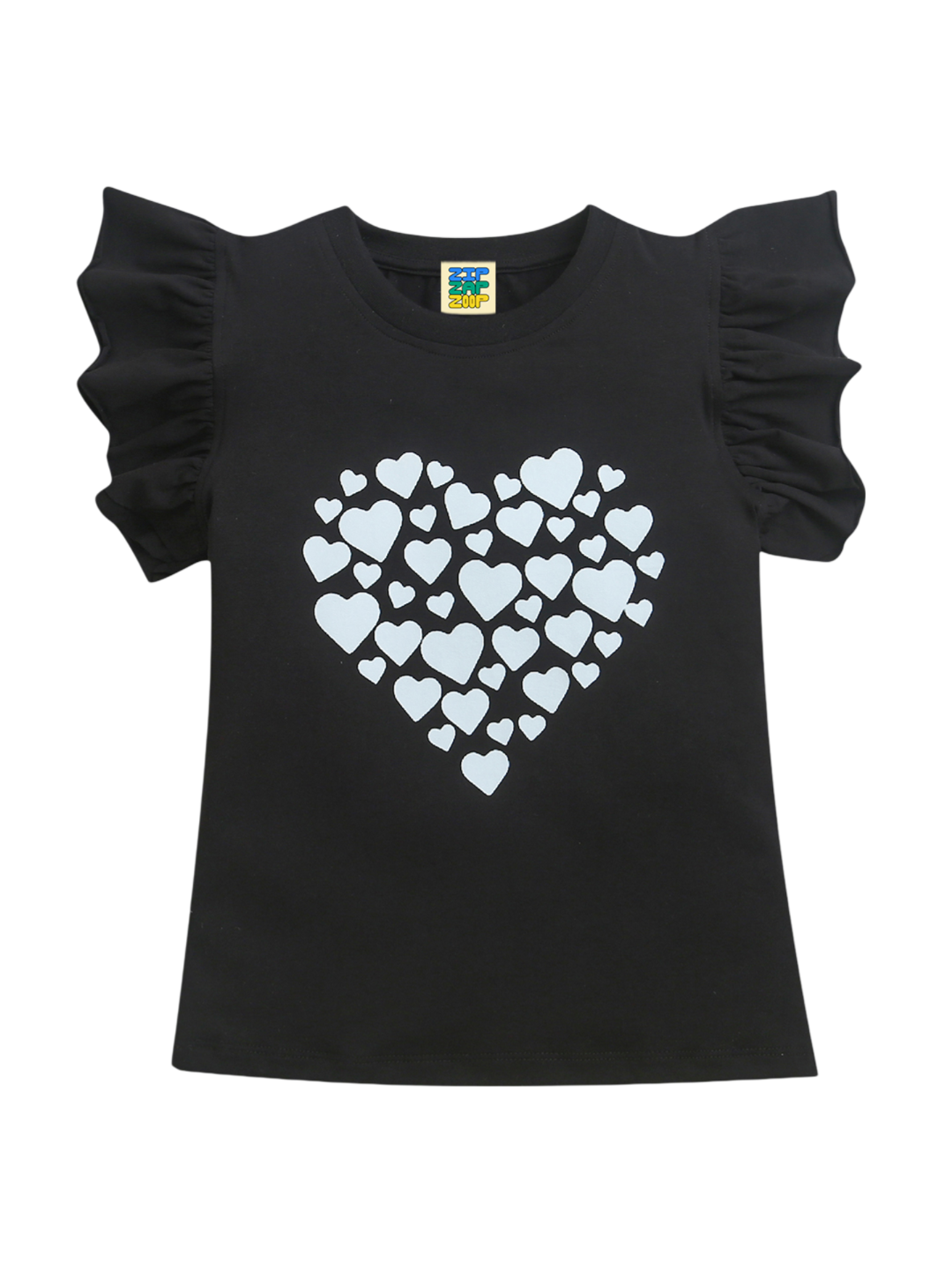 Black Frill Sleeve White Heart Print Cotton T-shirt