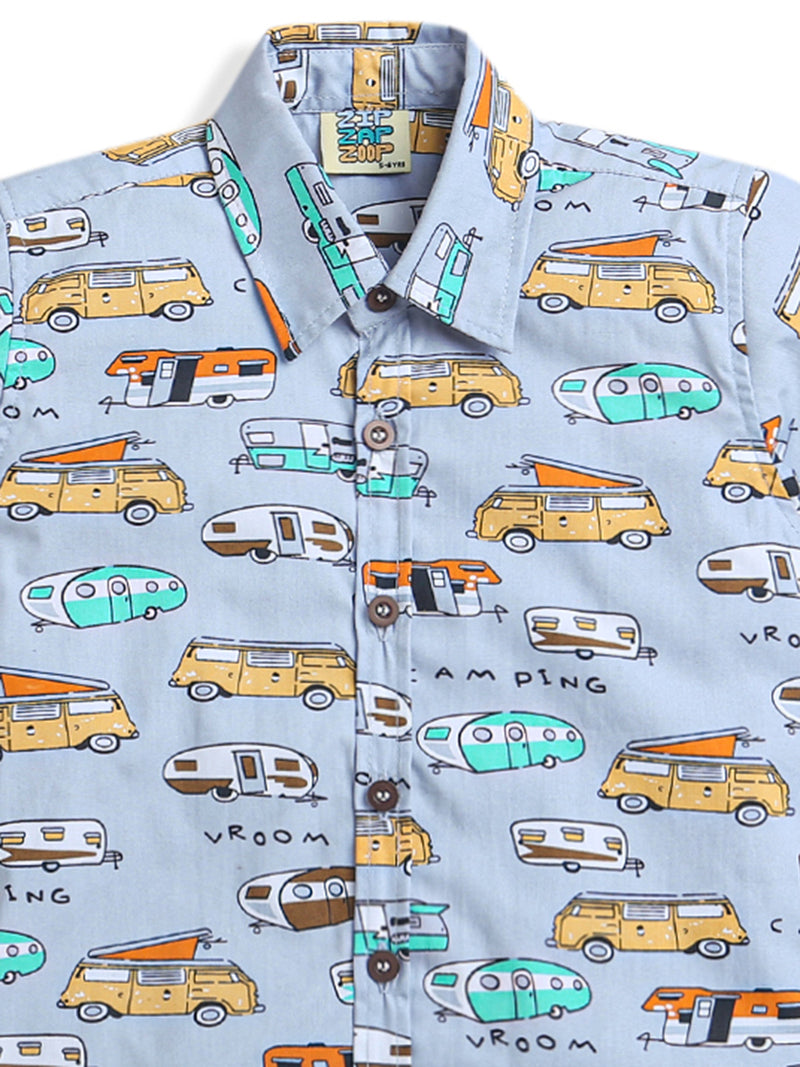 Light Blue All Over Car Print Boys Shirt