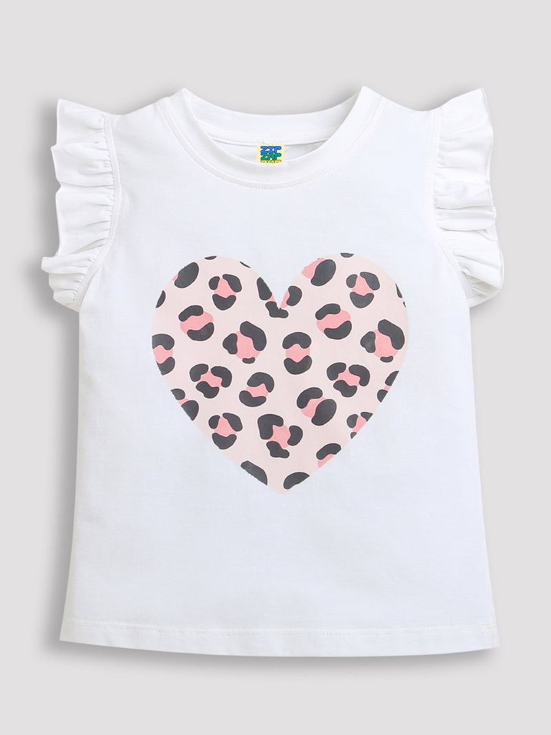 White Frill Sleeve Pink Heart Printed Cotton Girls T-shirt