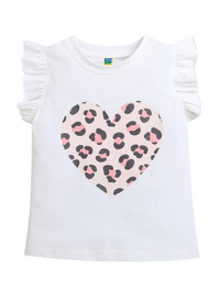 White Frill Sleeve Pink Heart Printed Cotton Girls T-shirt