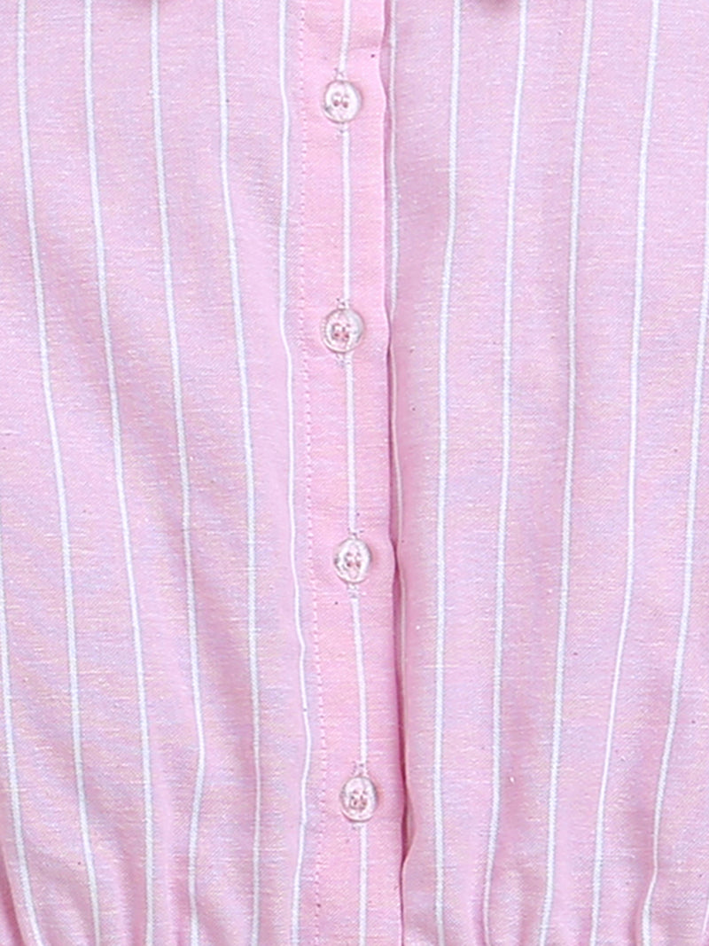 Pink Frill Sleeve Striped Button up Girls Top