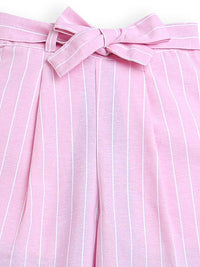 Girls Pink Frill Sleeve Striped Knot Top and Matching Pants Co-ord Set