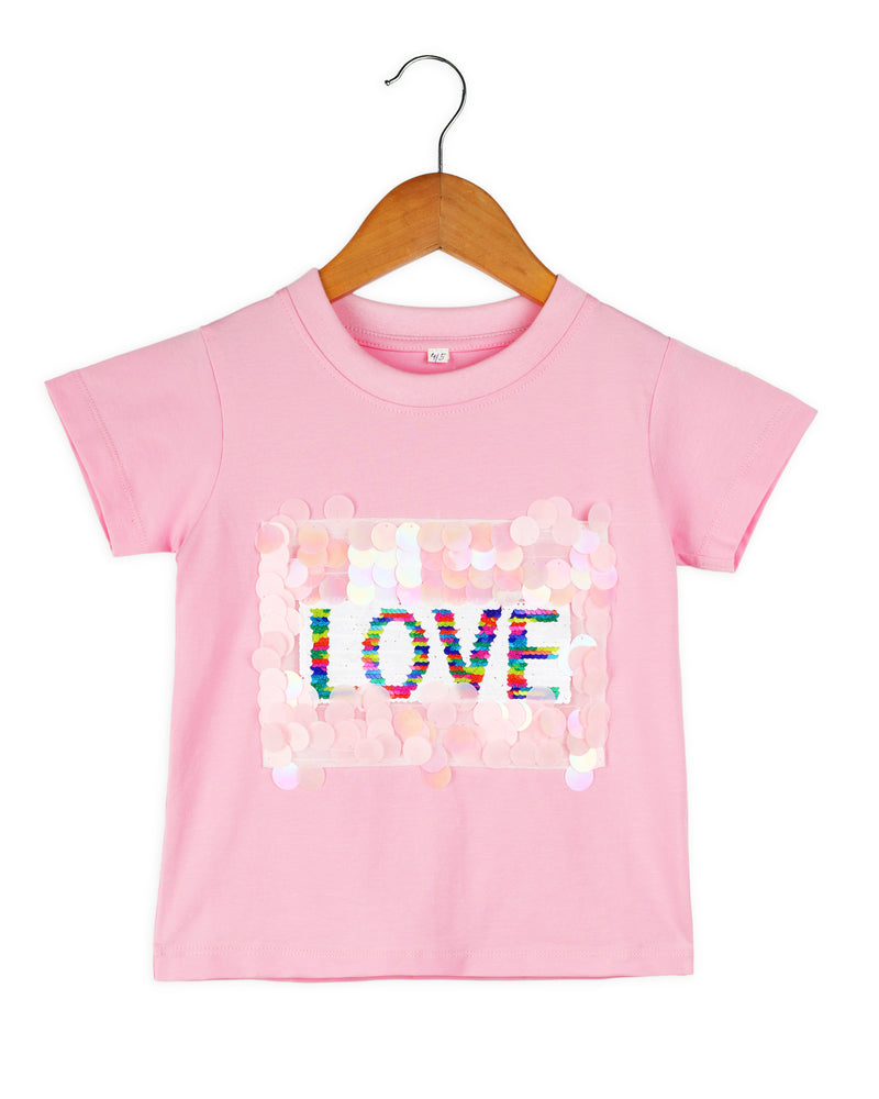 Pink Half Sleeve Love Patch Girls T-shirt