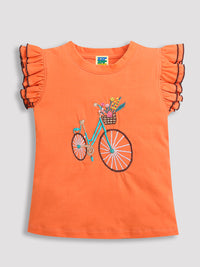 Orange Frill Sleeve Bicycle Embroidery Girls T-shirt