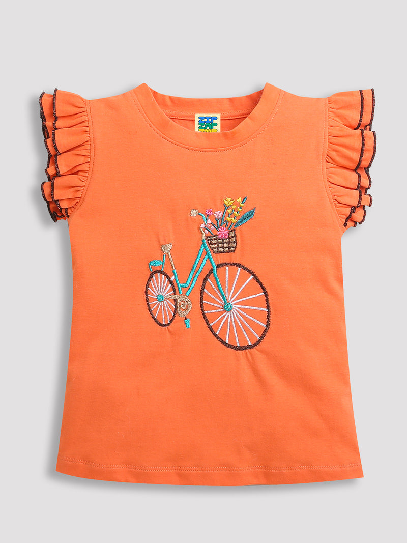 Orange Frill Sleeve Bicycle Embroidery Girls T-shirt