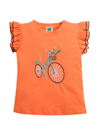 Orange Frill Sleeve Bicycle Embroidery Girls T-shirt