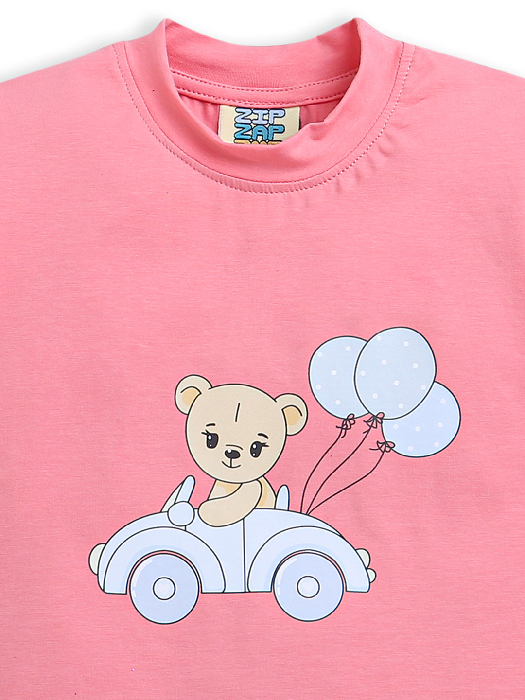 Pink Teddy & Car Print Half Sleeve Baby Girl Top