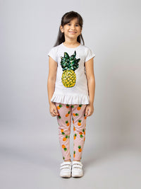 White Half Sleeve Pineapple Patch Cotton Girls T-shirt