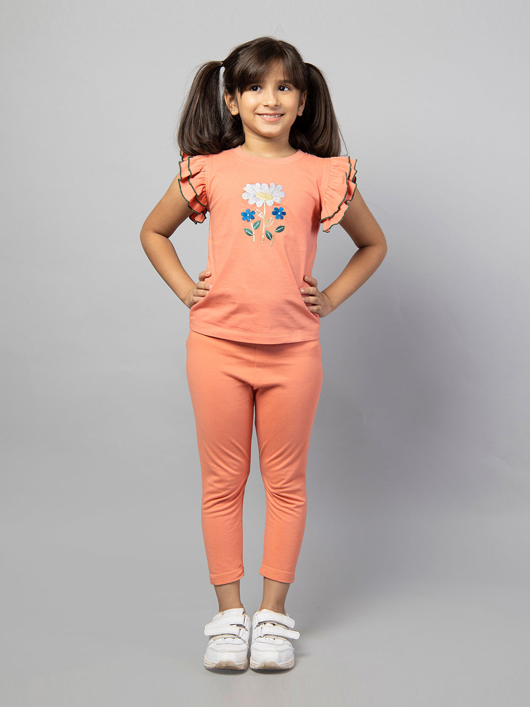 Peach Frill Sleeve Rose Embellished Embroidery Girls T-shirt