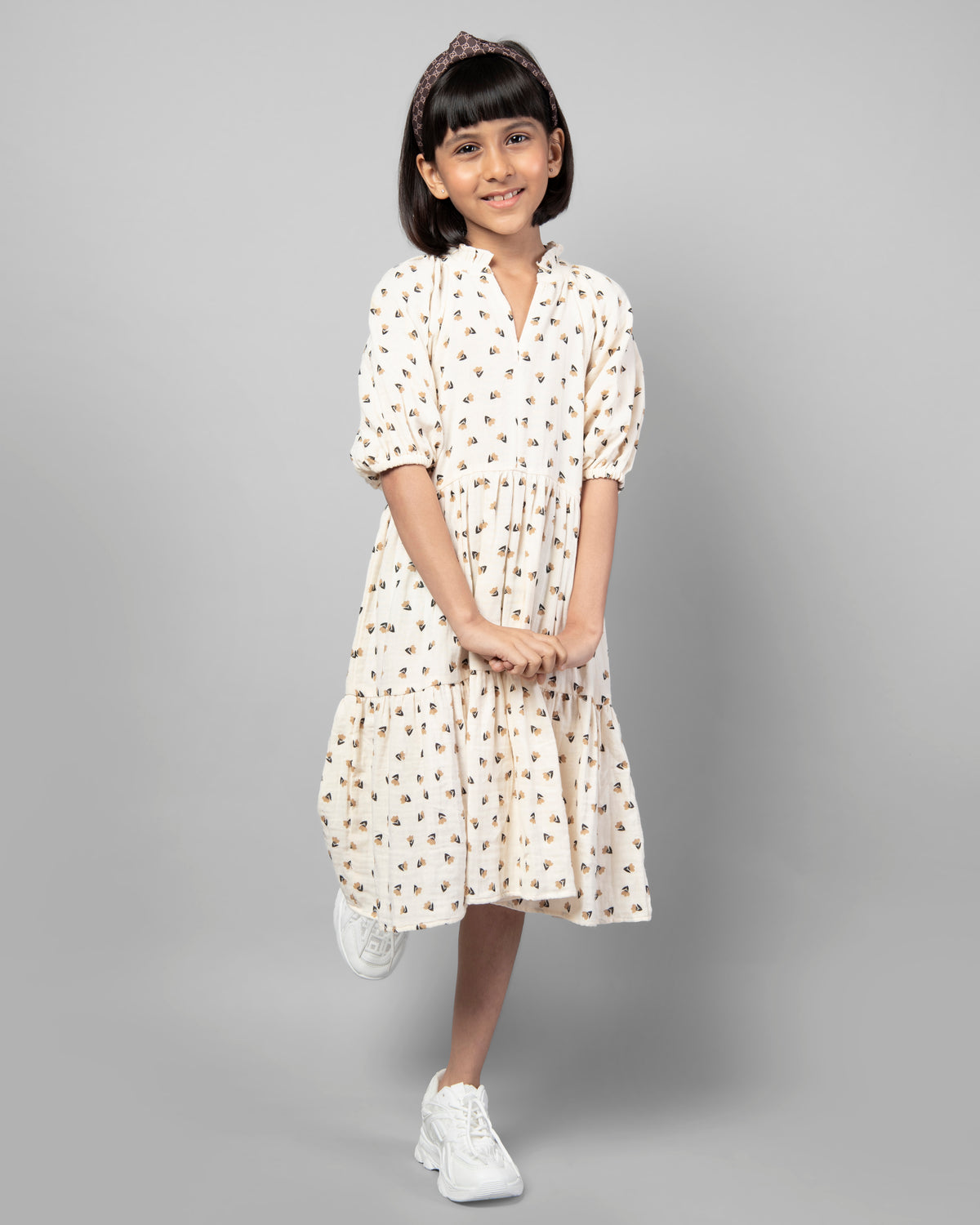 Off White Elbow Length Sleeve Floral Printed Girls Dress