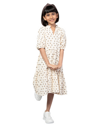 Off White Elbow Length Sleeve Floral Printed Girls Dress