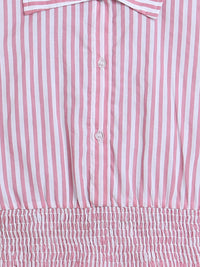 Pink Sleeveless Spread Collar Neck Striped Girls Shirt Top