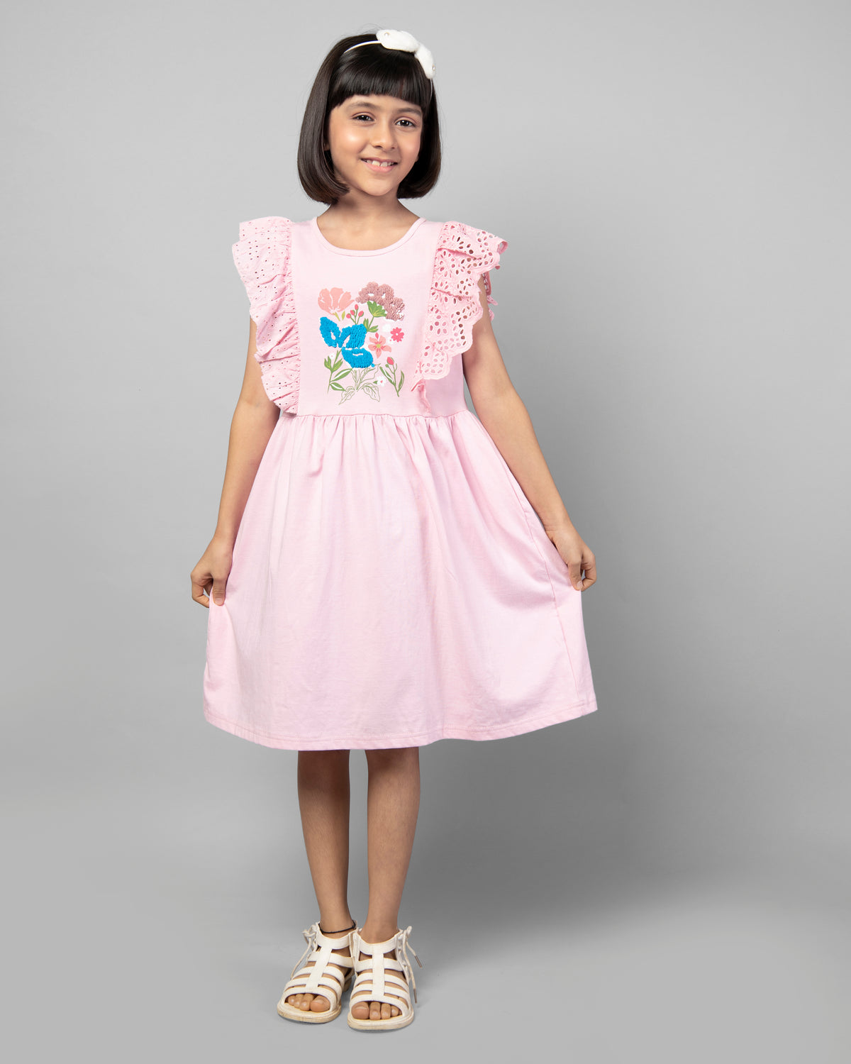 Pink Short Sleeve Floral Printed Flip Sequin Girls Dress