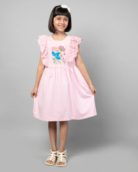 Pink Short Sleeve Floral Printed Flip Sequin Girls Dress