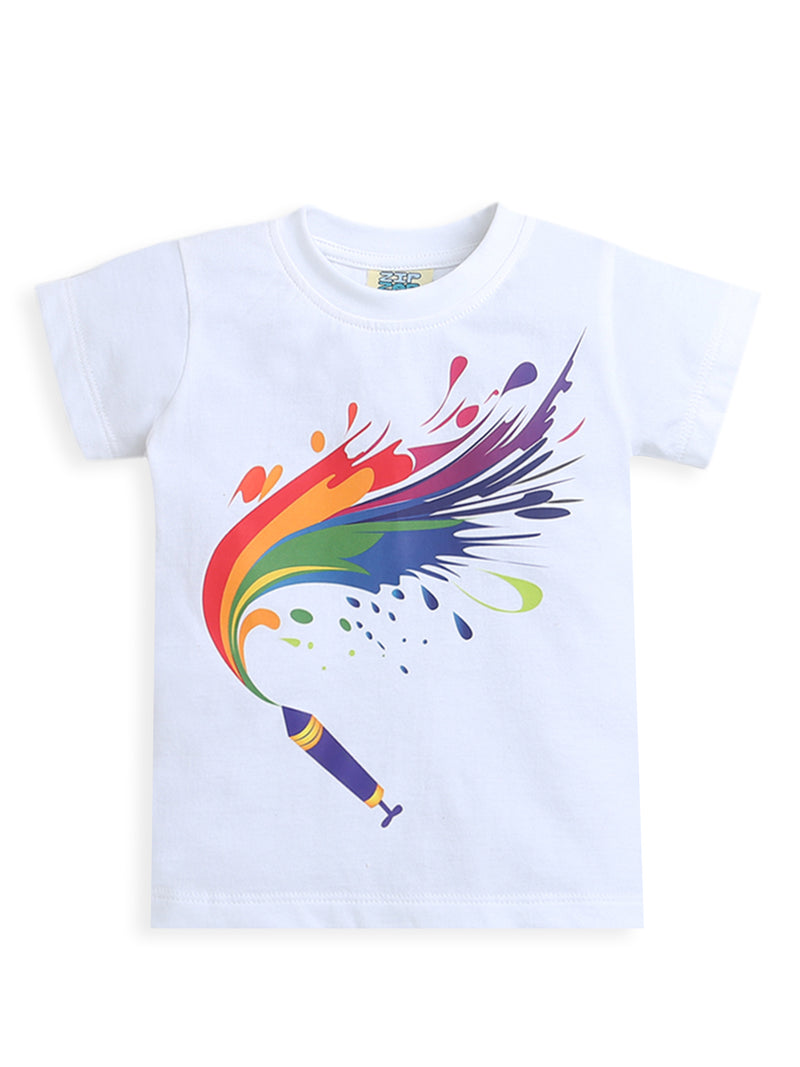 White Round Neck Holi Print Pure Cotton T-Shirt