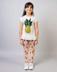 Girls White and Pink Half Sleeve Pineapple Co-ord Set