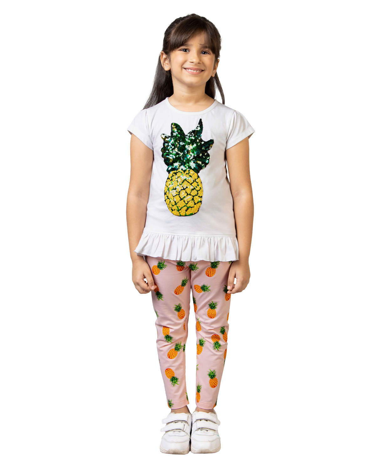 Girls White and Pink Half Sleeve Pineapple Co-ord Set