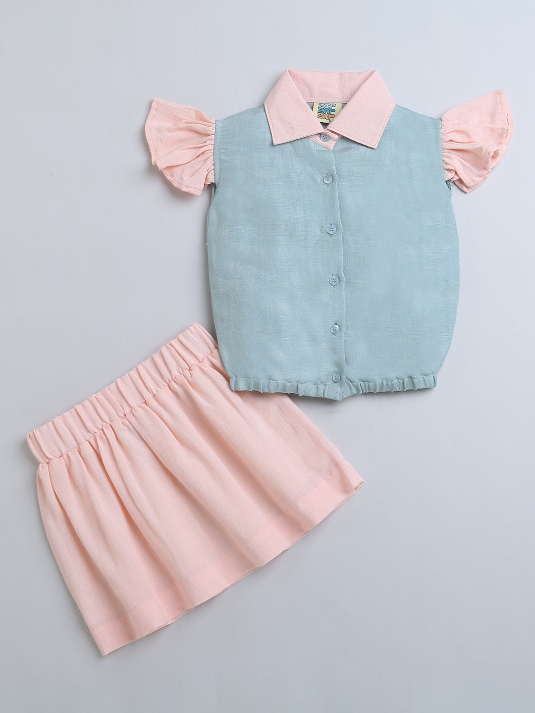 Pink and Blue Frill Sleeve Top & Skirt Co-ord Set