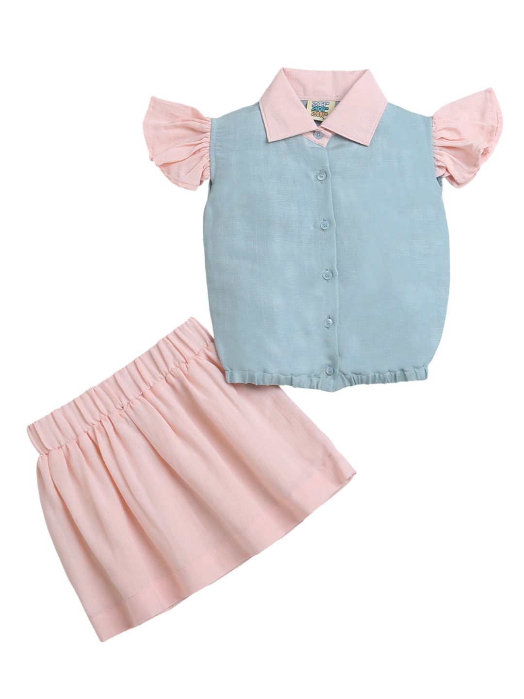 Pink and Blue Frill Sleeve Top & Skirt Co-ord Set