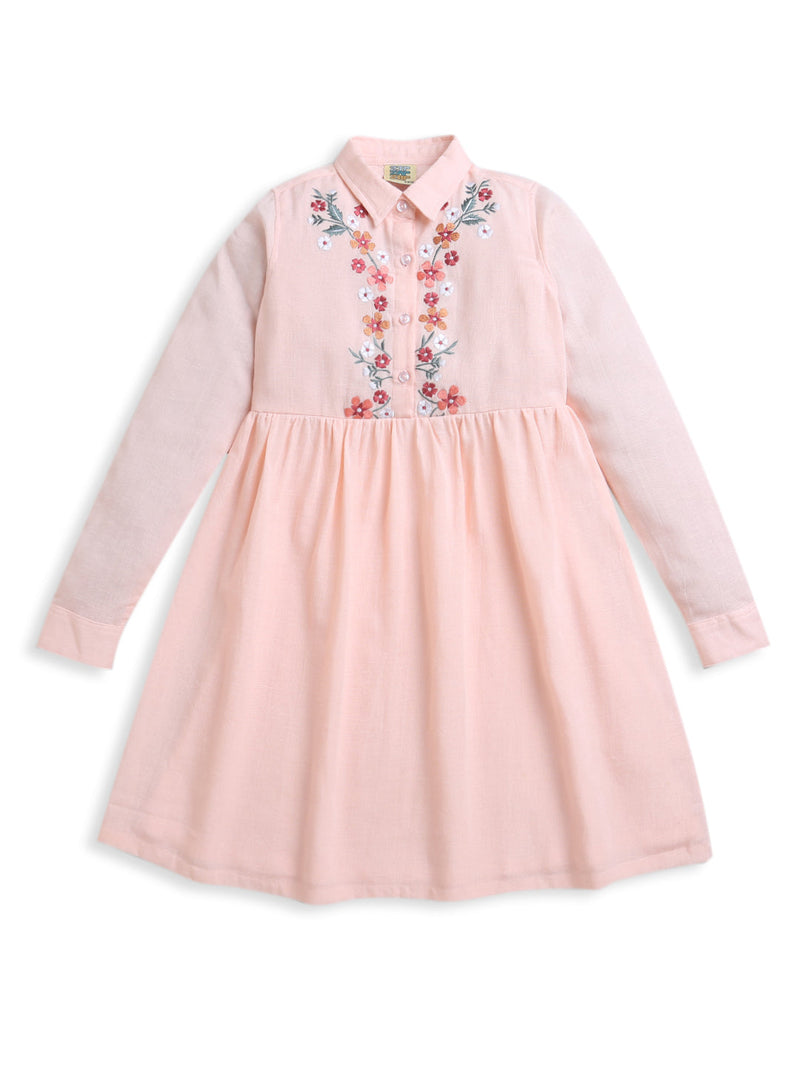 Peach Full Sleeve Collar Neck Embroidery Girls Dress