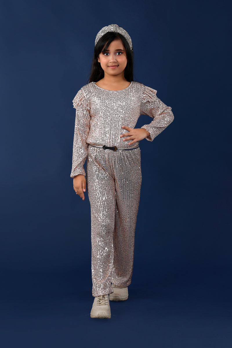 Gold Sequins Jumpsuit Stretchable with Belt