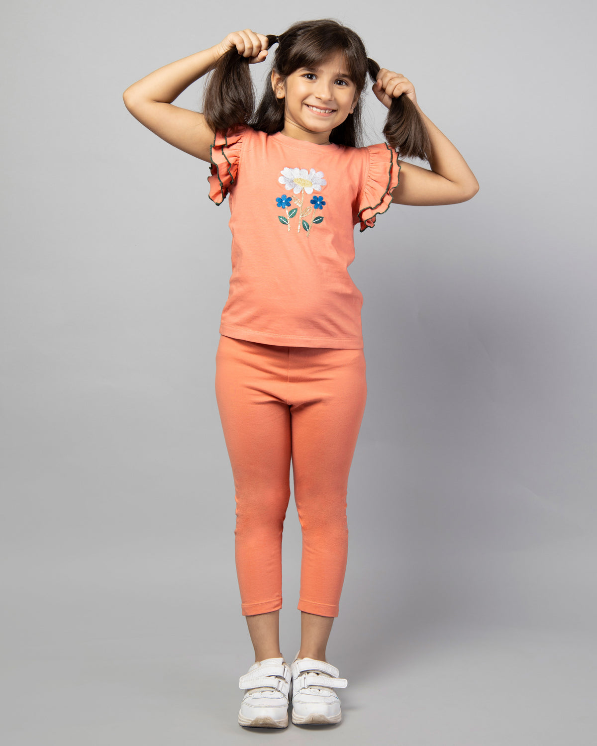 Girls Peach Frill Sleeve Rose Embroidered T-Shirt and Leggings Co-ord Set