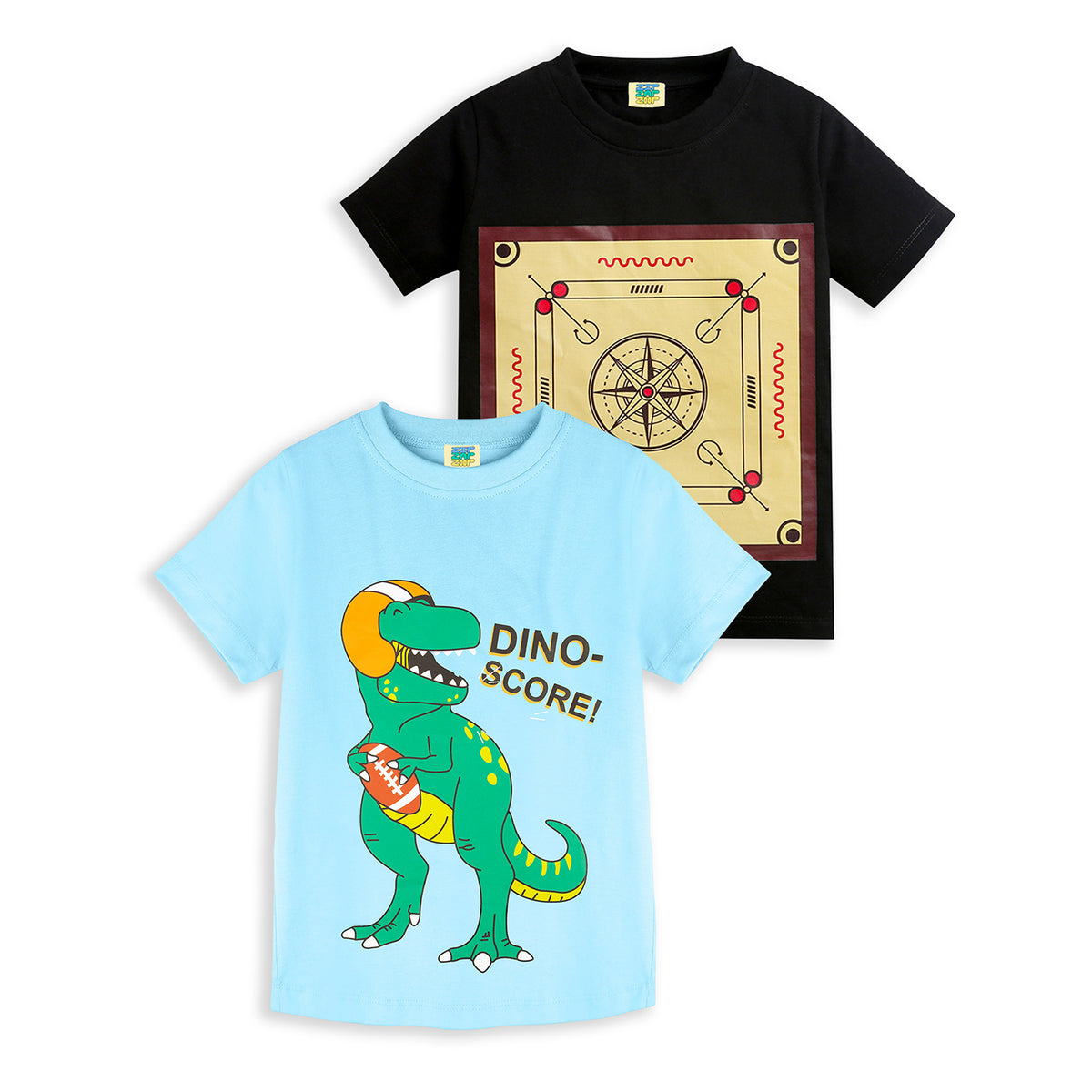 Pack of 2 Black-Carrom & Sky Blue-Dino Score Print Cotton T-shirt