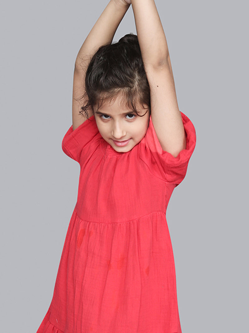 Red Poplin Summer Girls Dress with Puff Sleeves