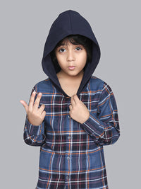 Blue Hoodie Check Pattern Shirt