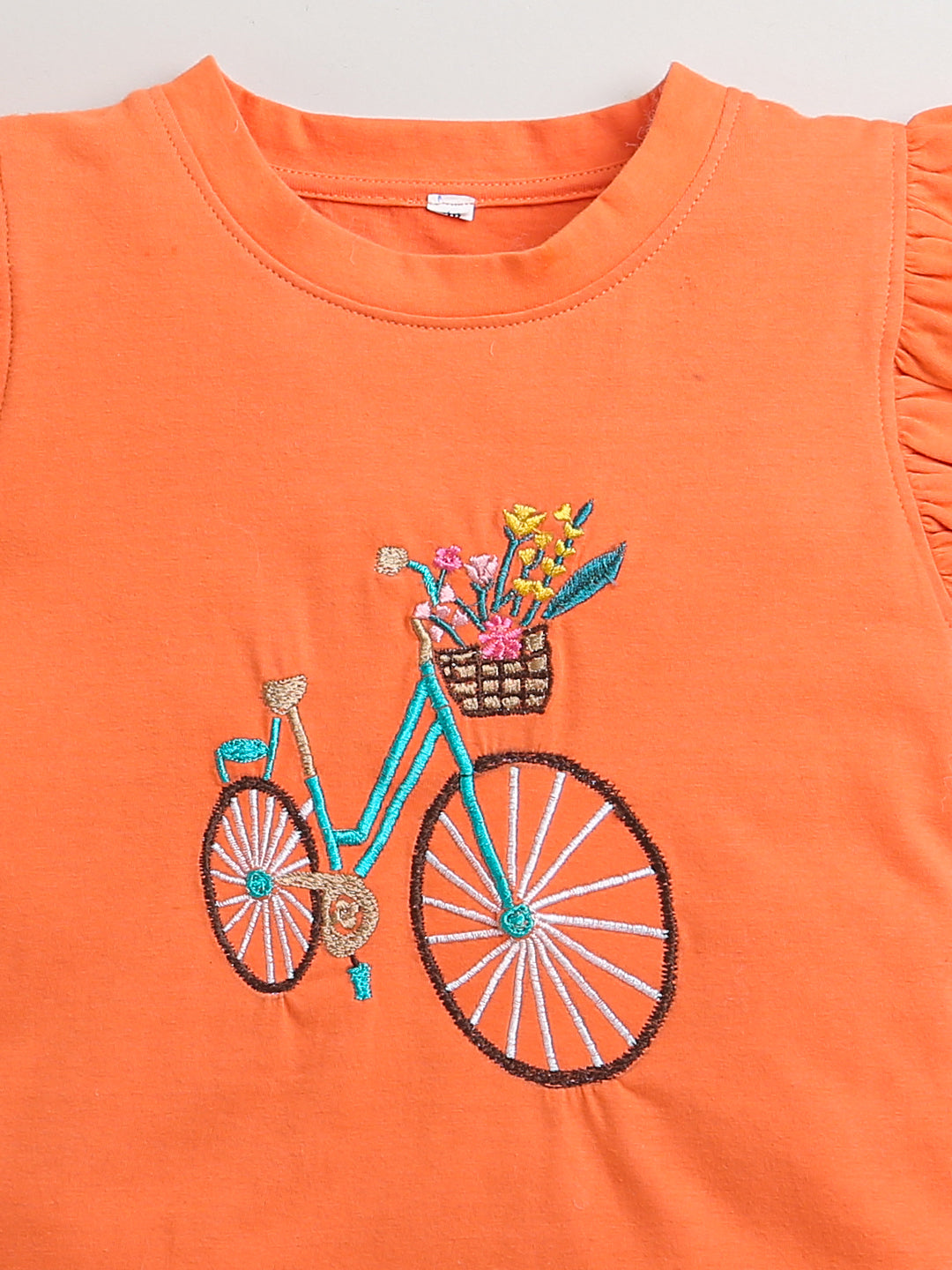 Orange Frill Sleeve Bicycle Embroidery Girls T-shirt