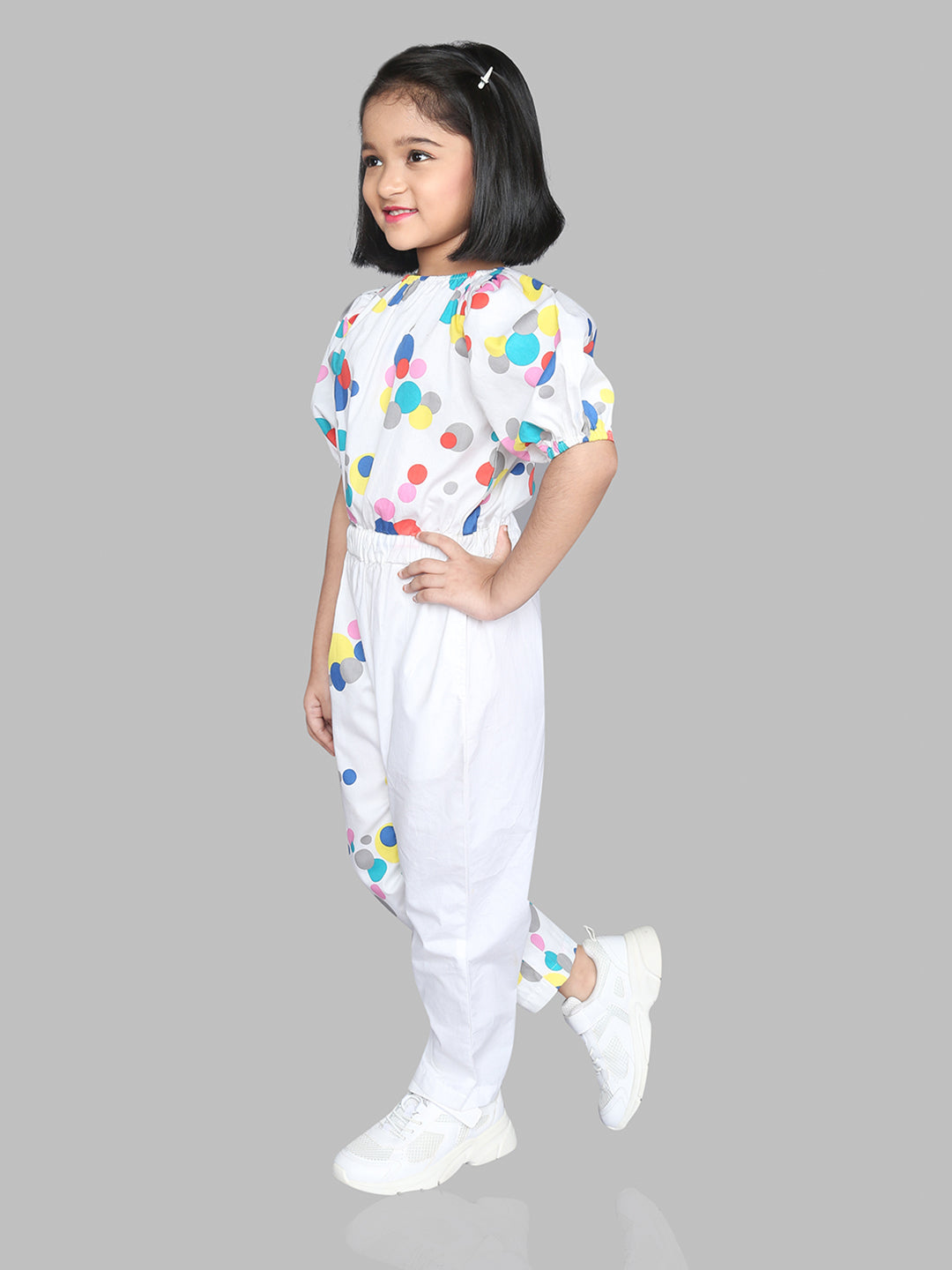 Off White Multicolor Bubble Print Girls Jumpsuit