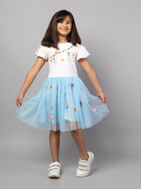 Sky Blue Half Sleeve Embroidered Party Girls Dress