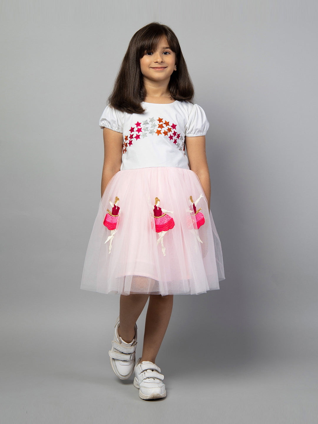 Pink Half Sleeve Embroidered Ballerina Girls Dress