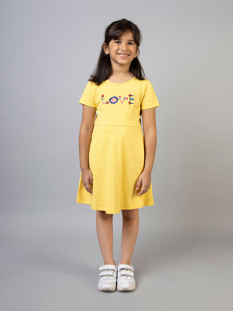 Yellow Half Sleeves Love Embroidered Girls Dress