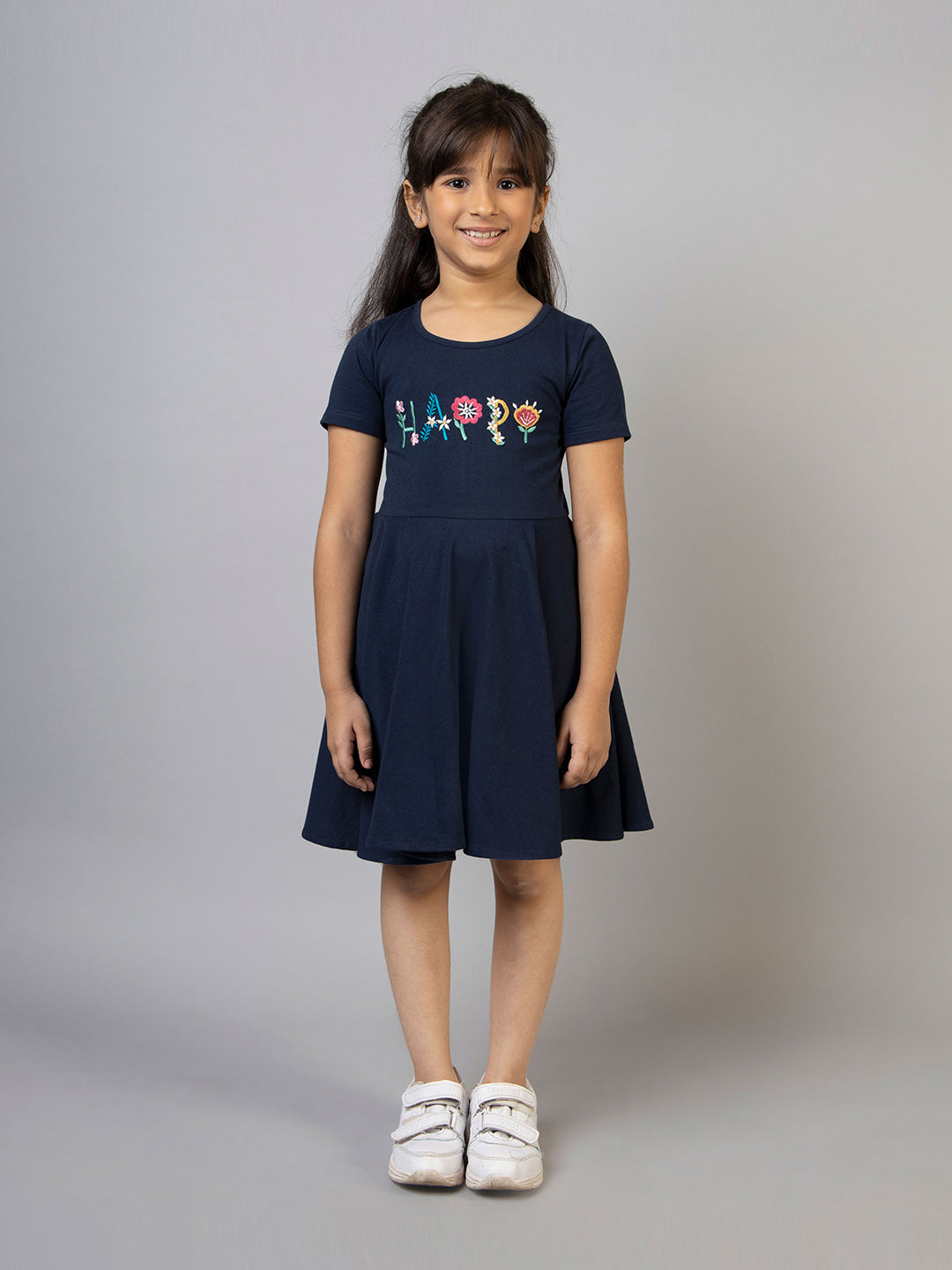 Navy Blue Half Sleeve Happy Embroidered Girls Dress