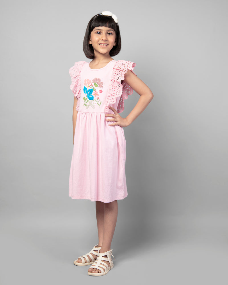 Pink Short Sleeve Floral Printed Flip Sequin Girls Dress