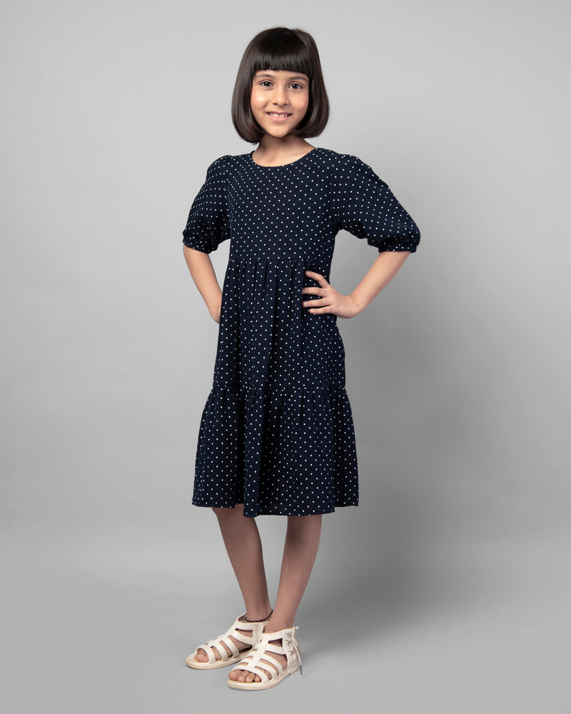 Polka Dot Navy Blue Cotton Summer Girls Dress